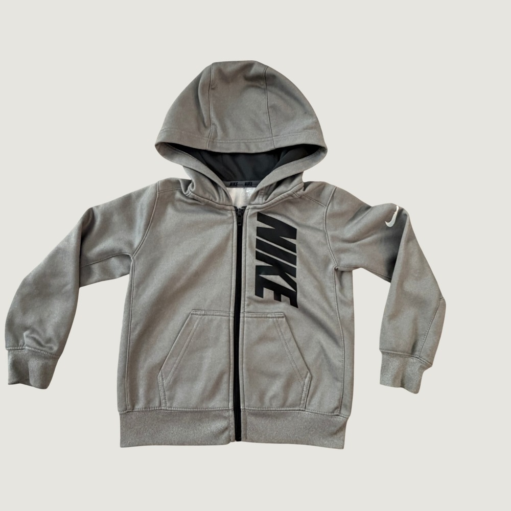 Nike Boys Full Zip Hoodie Gray Dri-FIT Graphic Logo Sweatshirt Size 4 XS